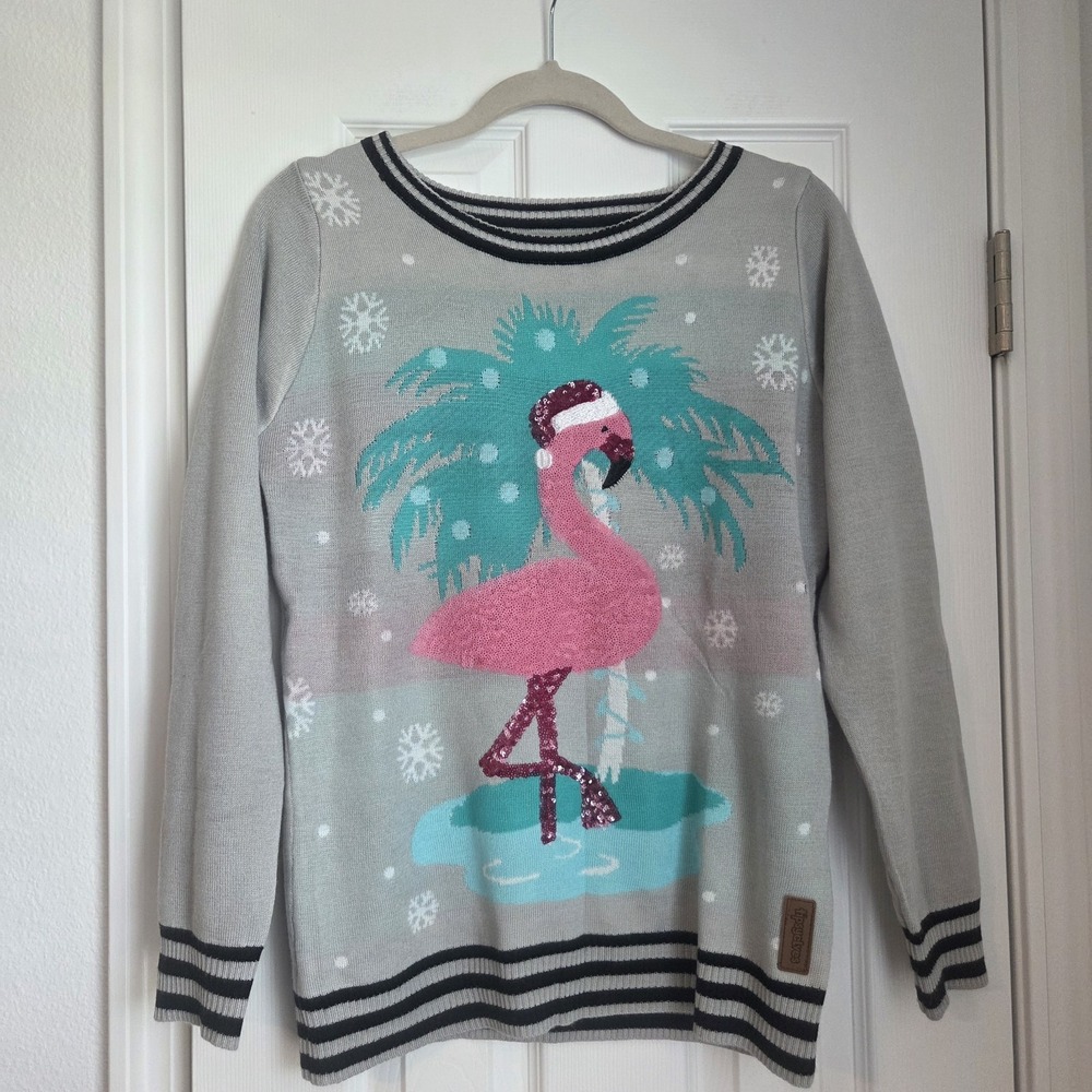 Tipsy Elves Womens Ugly Christmas Sweater Flamingo Sequin Gray S Holiday/Tropic